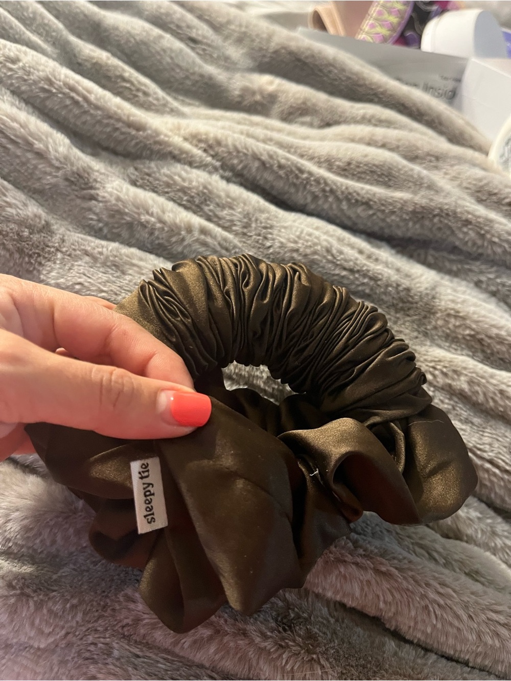 Sleeppy Tie Satin Scrunchie - Chocolate Brown - Picture 2 of 3